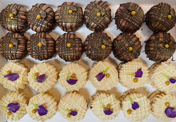Chocolate Macarons w/ Chocolate Ganache Filling &amp; Chocolate Drizzle - Vanilla Macarons w/ Raspberry Jam Filling &amp; White Chocolate Drizzle