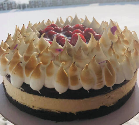 Black Forest Cake &amp; Caramel Cheesecake Layers w/ Torched Italian Meringue