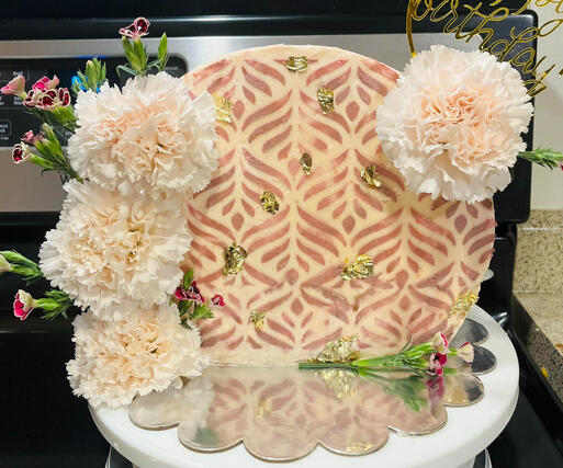 Strawberry Chocolate Chip Cake, Filled w/ Strawberry Puree, Strawberry / Honey Buttercream &amp; Edible Gold Flakes