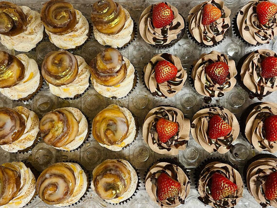 Pumpkin Cupcakes, Cinnamon Swiss Meringue Buttercream, Cinnamon Roll &amp; Honey Drizzle - Chocolate Cupcakes, Mocha Swiss Meringue Buttercream, Chocolate Ganache &amp; Fresh Strawberries